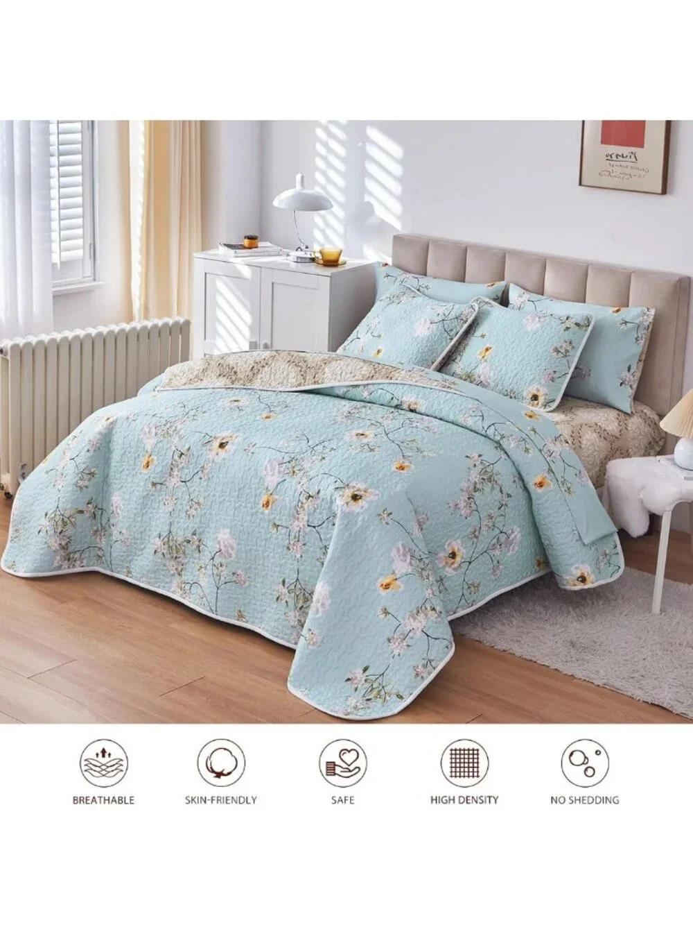 Reversible Floral Quilt Set - Aqua Microfiber Bedspread, Lightweight All-Season